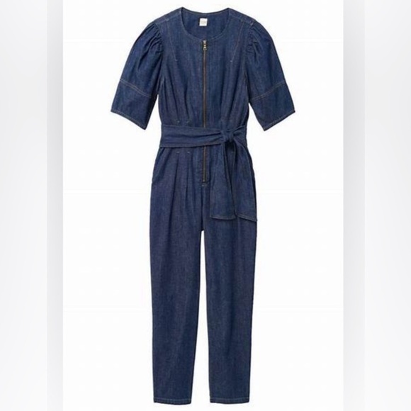 Rebecca Taylor Pants - Rebecca Taylor La Vie Puff Sleeve Denim Jumpsuit size Small Tie Waist